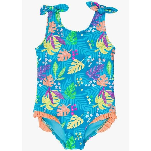 RuffleButts UPF50+ Tie Shoulder/Cross Back One Piece Swimsuit, Neon Tiki Vibe 5T - Picture 1 of 3